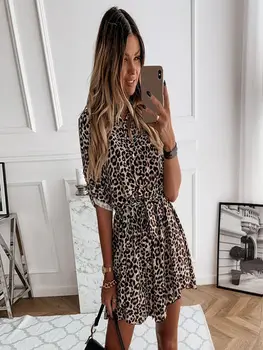Kvinder Sexy Leopard Printet Skjorte Kjole 2020 Efteråret Nye Turn Down Krave Halv Ærmer Lace-up Kvinde Midi-Party Kjoler Vestidos