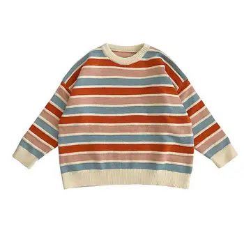 Kvinder Sweater Casual Tyk Lille Frisk Stribe Farve Matchende Runde Krave Lange Ærmer Plus Size Tynde Komfort Kvindelige Pullover