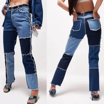 Kvinder Vintage Manchetter Jeans Mode Patchwork Midten Talje Jeans Balde Kvinder Vaskede Jean Bukser 2020 Streetwear Denim Bukser