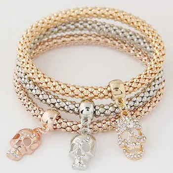 LEMOER 3STK Mode Guld Farve Crystal Skull Armbånd & Armbånd Multilayer Elastisk Kæde Smykker Gaver pulseira feminina