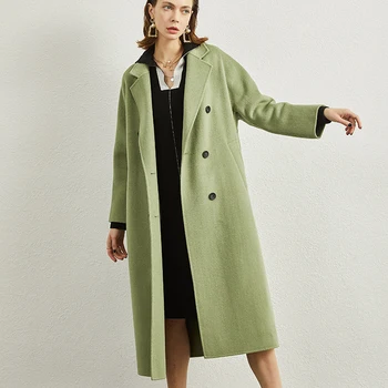 Luksuriøse håndlavede uldne frakker efterår og vinter fashion shea smør grønne dobbelt over lange uldne frakke kvinder er ren cashmere