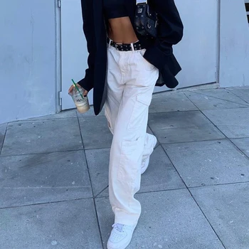 Mode Lomme Hvid Kvinders Streetwear Jeans med Høj Talje Jeans Vintage Lige Denim Bukser Cargo Bukser 2021