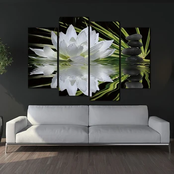 Moderne Lærred Stue Pictures Home Decor 4 Panel Hvid Lotus Blomster Maleri Væg Kunst, Modulære Plakat HD-Trykte