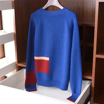 Nye ankomst ren uld Oneck strik kvinder mode patchwork tyk pullover sweater S-L engros-retail
