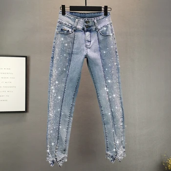Rhinestone patchwork kvinder jeans vinter nye høj talje slank-knappen lomme tynde solid ankel længde kvindelige jeans top kvalitet