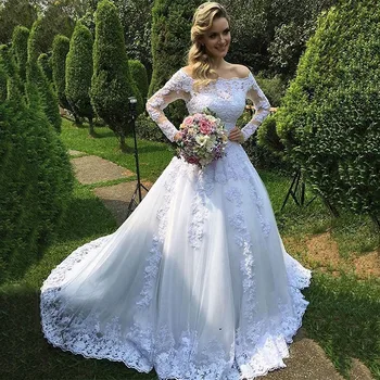Vestido De Novia 2020 Hvid Lang Illusion Båd Hals Fra Skulder Bryllup Kjoler, Billige Robe De Mariage