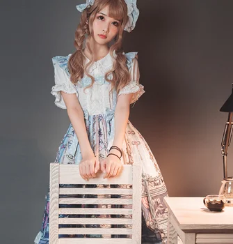Vintage blonder sløjfeknude prinsesse tea party søde lolita strop kjole sød udskrivning victoriansk kjole kawaii pige gothic lolita loli