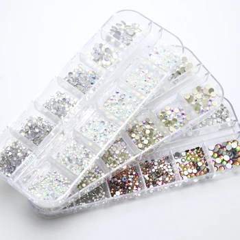 1 Kasse Multi Størrelse Glass Glitter og Rhinestones For Negle Blandede Farver Strass Crystal 3D Charm Perler For Manicure Nail Art Dekoration