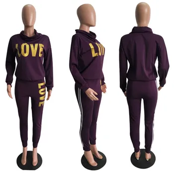 2021 Nye Kvinder Mode Brev Tøj Sæt Rullekrave Top Sweatshirt Med Høj Talje Bukser, Sweatpants Dame Casual Sport Træningsdragter