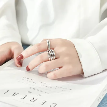 925 Sterling Sølv Ringe for Kvinder Linjer Vintage Bryllup Trendy Smykker Store Justerbar Antikke Ringe Anillos