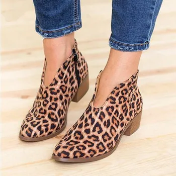 Ankel støvler til kvinder sexy leopard flok læder mid hæle damer sko foråret efteråret vintage korte støvler, støvletter shoes mujer