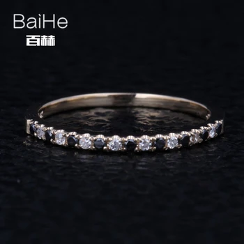 BAIHE Massivt 14K Gul Guld 0.2 CT H/SI Runde Naturlige Diamanter & Sorte Diamanter Kvinder bryllupsgave Fine Smykker Diamant Ring