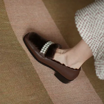 EAGSITY Ko læder Kvast loafers til kvinder flade sko firkantet tå slip på lavvandede oxford dreby muldyr sko pels foring