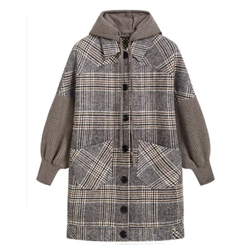 Efterår og vinter fashion koreanske stribet hætte patchwork mellemlange og lange uldne frakke frakke frakke