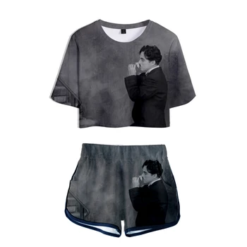 Fitness Tøj CHAPLIN 3D Shorts Og T-shirts Kvinder, To-delt Sæt Græskar Ansigt Sjove Print Afgrøde Top Casual Tøj