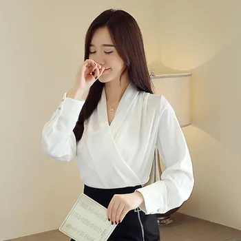 Ny koreansk Stil, med Lange Ærmer V-hals Kvinder Bluser Kontor Damer ensfarvet Tunika Shirts Efteråret Alle Match Toppe