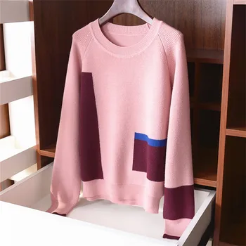 Nye ankomst ren uld Oneck strik kvinder mode patchwork tyk pullover sweater S-L engros-retail