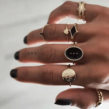 Nye Boho Guld Justerbar Mode Ring Sæt Til Kvinder Vintage Crystal Geometriske Crown Sort Sten Eye Ringe Kvindelige Valentine Gave
