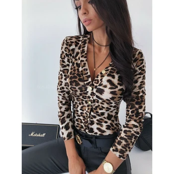 Sexet Mode Kvinder Knappen Dyb V hals Leopard Snake Print langærmet Skjorte Afslappet Pullover Toppe Bluse Aften Fest festtøj