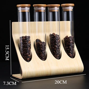 Træ-kaffebønner, Te Display Rack Stå Glas Reagensglas Forseglet Opbevaring Dekorative Ornamenter Korn Beholder Barista
