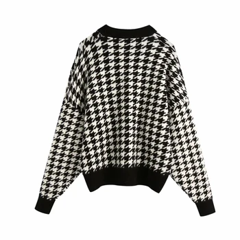 Vintage Chic Houndstooth Plaid Strikkede Pullovers Kvinder Mode O-Hals Sweater Kvinder Casual Streetwear Toppe