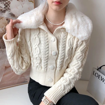 ZCSMLL Korea Smarte Efteråret og Vinteren Stor Revers Bløde Syninger Single-breasted Twist Kort Strikket Cardigan Sweater Kvinder
