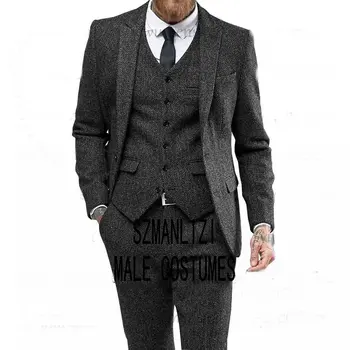 2020 Kostume Mariage Homme Blå Tweed Vinter Mænd Jakkesæt Til Bryllup Skræddersyet Gommen Tuxedo Business-3 Stykker Passer For Mænd