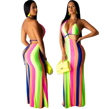 2020 Sommeren Kvinder Hot Style Model Solid farve Stribet Print Backless snøre Løs Sexet Kjole