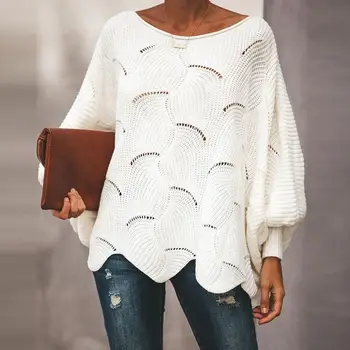 2021 Kvinder Nye Casual Hule Sweater Slange Lanterne Ærme Solid Strik Sweater Damer Mode O-hals Løs Flæsekanter Damer Pullover