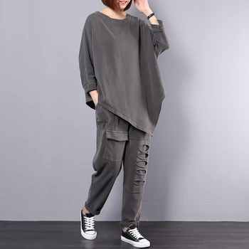 2021 Nye klæder Kvinder Foråret og Efteråret Rund Hals koreanske Løs i Stor Størrelse Litterære Casual Uregelmæssige Sweatshirt To-stykke Trend