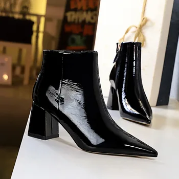 Damer Patent Læder Støvler Kvinder Mode Spids Tå Tykke Hæle Vinter Ankle Støvler
