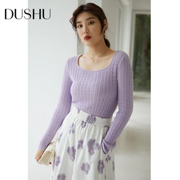 DUSHU Plus size elegante slanke purpel strikket sweater Kvinder twist lange ærmer efteråret sexet pullover Kvindelige strik jumper top 2020