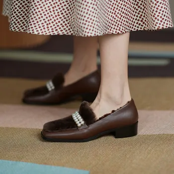 EAGSITY Ko læder Kvast loafers til kvinder flade sko firkantet tå slip på lavvandede oxford dreby muldyr sko pels foring