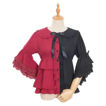 Gothic vintage lolita bluse peter pan krave blonde sløjfeknude flare ærmet patchwork victorianske shirt kawaii pige gothic lolita top