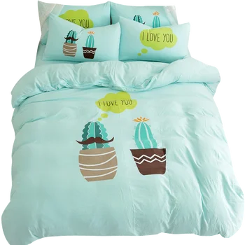 Grøn kaktus strøelse sæt søde solid sengetøj til børn, voksne Rynket dynebetræk 220x240 lagen indstiller fuld king size