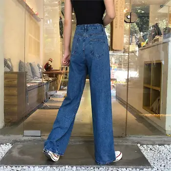 Høj Talje Jeans Til Kvinder Vintage Lang Denim Bukser Kvindelige Vintage Casual Løs I Fuld Længde Med Bred Ben Bukser Bukser