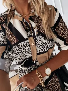 Kvinder Sexy Leopard Printet Skjorte Kjole 2020 Efteråret Nye Turn Down Krave Halv Ærmer Lace-up Kvinde Midi-Party Kjoler Vestidos