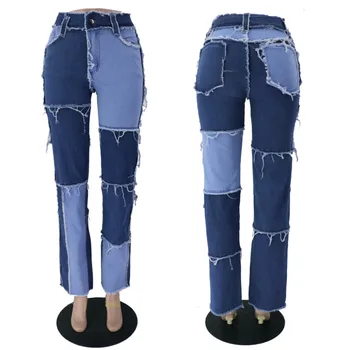 Kvinder Vintage Manchetter Jeans Mode Patchwork Midten Talje Jeans Balde Kvinder Vaskede Jean Bukser 2020 Streetwear Denim Bukser