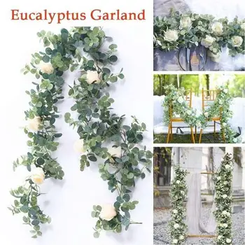 Med 7 Roser Bryllup Dekoration Kunstig Plante Mode Romantisk Kunstige InsRattan Simuleret Eucalyptus Festlige Dagligstue