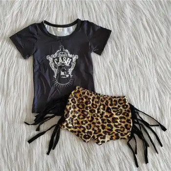 Mode Buksetrold Piger Outfits Sort T-Shirt Leopard Shorts Bukser Til Sommer, Børnetøj, Baby Tøj