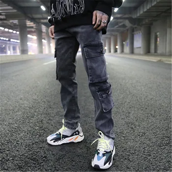 Mænd Denim Jeans Lommer Safari Style Vintage High Street Løs Lige Vasket Bukser, HIP HOP, Punk Biker Streetwear Bukser