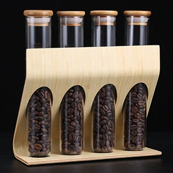Træ-kaffebønner, Te Display Rack Stå Glas Reagensglas Forseglet Opbevaring Dekorative Ornamenter Korn Beholder Barista