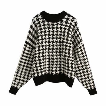 Vintage Chic Houndstooth Plaid Strikkede Pullovers Kvinder Mode O-Hals Sweater Kvinder Casual Streetwear Toppe