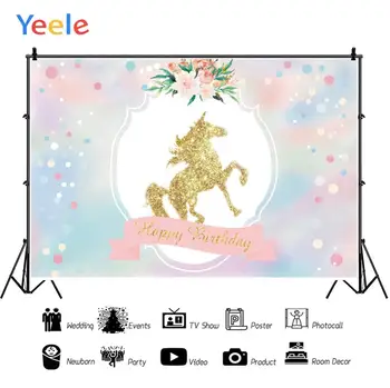 Yeele tillykke med Fødselsdagen Unicorn Lys Plet Vinyl Baggrund Photophone Fotografering Baby Foto Studio for Dekoration Tilpasset Størrelsen