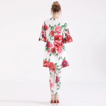 2018 Nye Designer-Banen Passer sætter Women Half Sleeve Lang Top+Fuld Længde Bukser, Vintage blomsterprint 2 delt Sæt