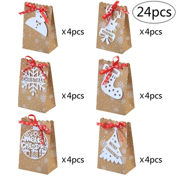 24pcs/sæt Jul Snowflake Trykt Kraftpapir Poser Slik Poser Cookie gaveæske Nye År Favoriserer Kasser for Cookies Behandler