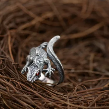 925 Sølv Gecko Ring Red Cubic Zircon Sten Ægte S925 Sterling Thai Sølv Ringe til Kvinder, Mænd Smykker Justerbar Størrelse