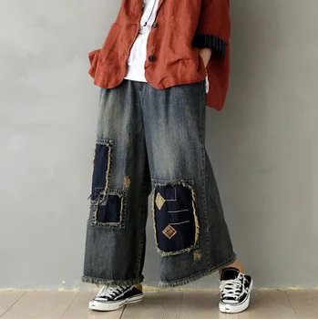 Bomuld denim patch kvast bred ben bukser kvindelige litterære retro casual løs elastisk talje jeans