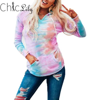 Chiclily Tie Dye Trykt Hætteklædte Sweatershirt Flerfarvet Afslappet Langærmet Kvindelige Løs Pullover Hoodie Oversize Toppe