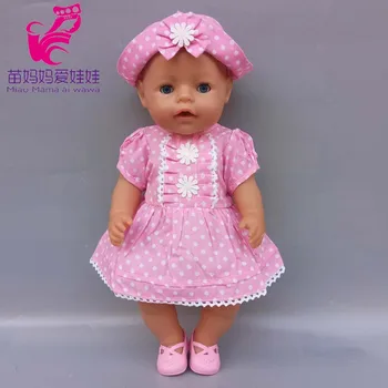 Dukke Kjole til 17 Tommer Baby Dukker Bomuld Pink Dots Kjole med Undertøj med Hat 18